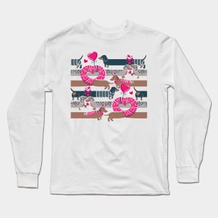 Dachshunds long love // fuchsia pink hearts scarves sweaters and other Valentine's Day details brown nile blue and dark grey spotted funny doxies dog puppies Long Sleeve T-Shirt